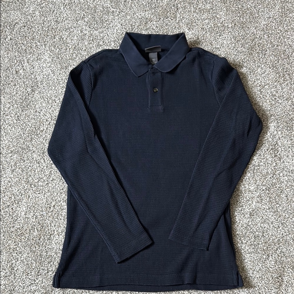 Waffle knit collared H&M Navy Long Sleeve Shirt